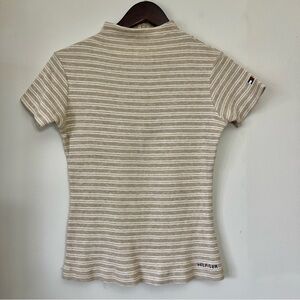 Tommy Hilfiger Ribbed Striped Mock Neck Top Women’s Size Medium Y2K Beige Preppy